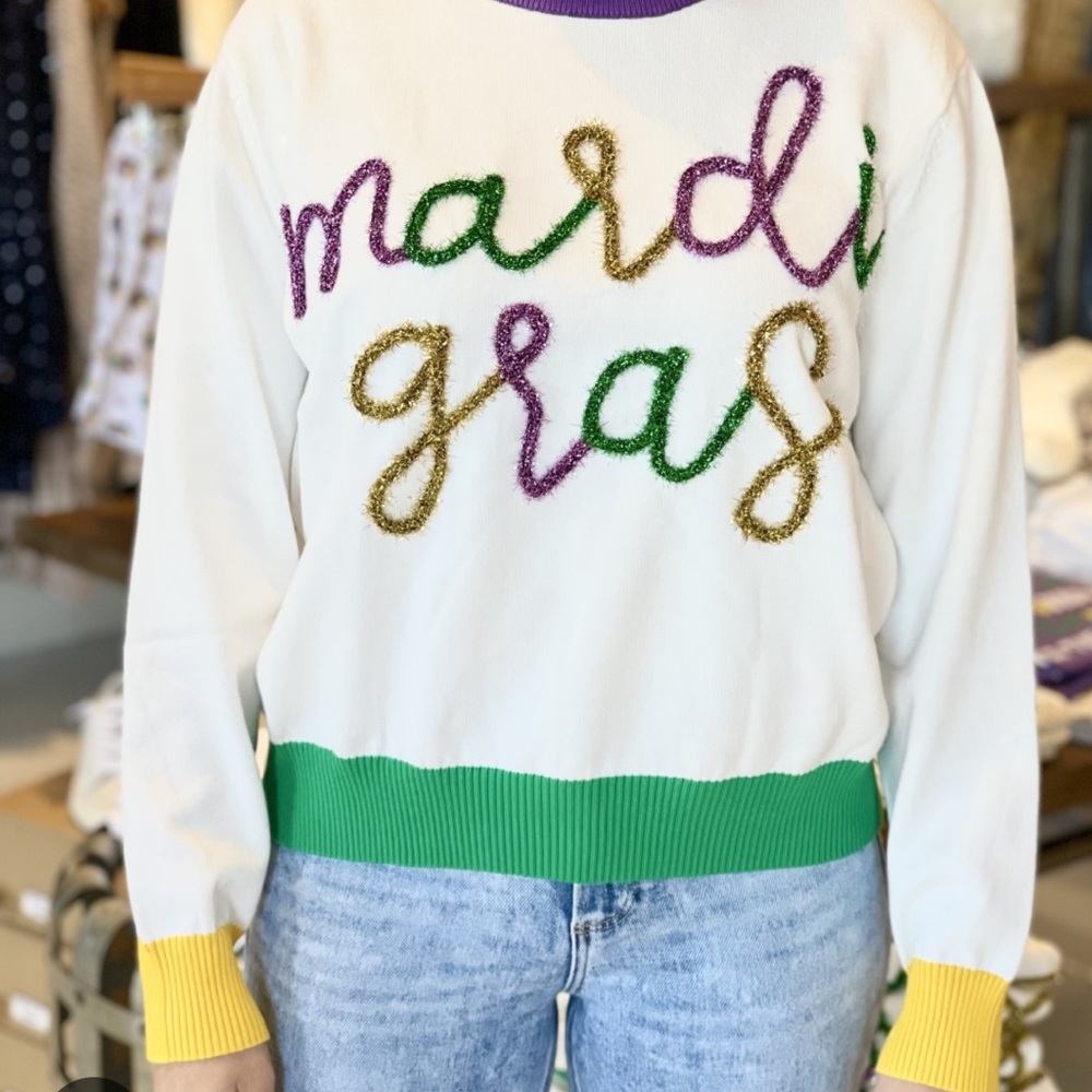 Queen of Sparkles Mardi Gras Glitter Script Sweater.
